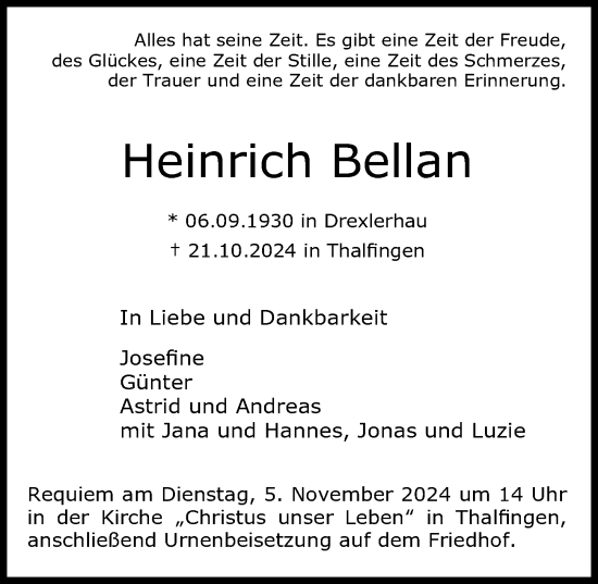 Traueranzeige von Heinrich Bellan von Augsburger Allgemeine, Neu-Ulmer Zeitung