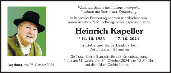 Traueranzeige von Heinrich Kapeller von Augsburger Allgemeine