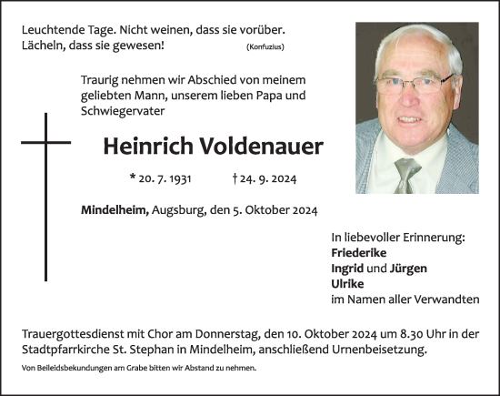 Traueranzeige von Heinrich Voldenauer von Mindelheimer Zeitung