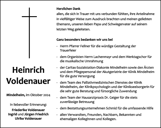 Traueranzeige von Heinrich Voldenauer von Mindelheimer Zeitung