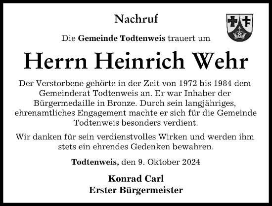 Traueranzeige von Heinrich Wehr von Aichacher Nachrichten