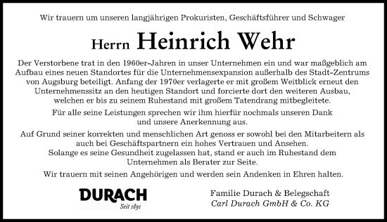 Traueranzeige von Heinrich Wehr von Aichacher Nachrichten, Augsburger Allgemeine