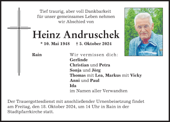 Traueranzeige von Heinz Andruschek von Donauwörther Zeitung