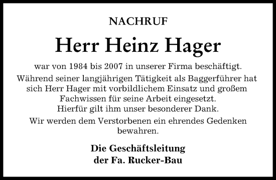 Traueranzeige von Heinz Hager von Neuburger Rundschau