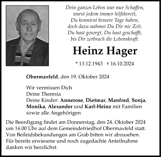 Traueranzeige von Heinz Hager von Neuburger Rundschau