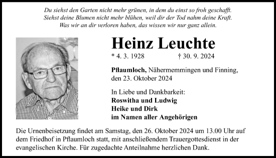 Traueranzeige von Heinz Leuchte von Rieser Nachrichten