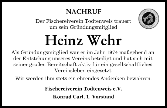 Traueranzeige von Heinz Wehr von Aichacher Nachrichten