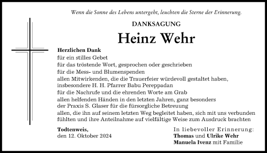 Traueranzeige von Heinz Wehr von Aichacher Nachrichten, Augsburger Allgemeine