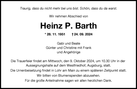Traueranzeige von Heinz P. Barth von Augsburger Allgemeine