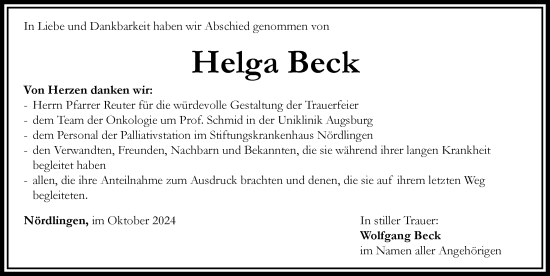 Traueranzeige von Helga Beck von Rieser Nachrichten