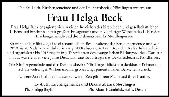 Traueranzeige von Helga Beck von Rieser Nachrichten