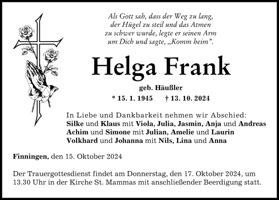 Traueranzeige von Helga Frank von Neu-Ulmer Zeitung