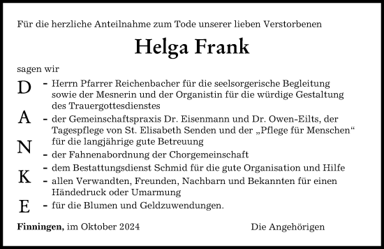 Traueranzeige von Helga Frank von Neu-Ulmer Zeitung