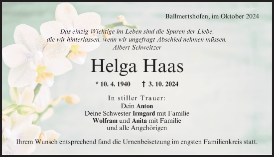 Traueranzeige von Helga Haas von Donau Zeitung