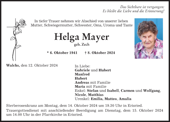 Traueranzeige von Helga Mayer von Mindelheimer Zeitung
