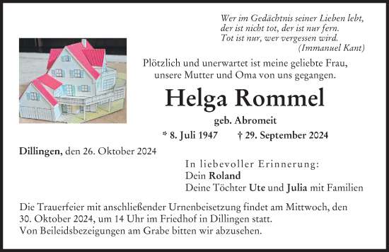 Traueranzeige von Helga Rommel von Donau Zeitung