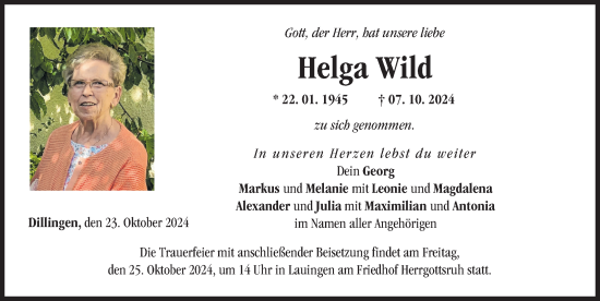 Traueranzeige von Helga Wild von Donau Zeitung