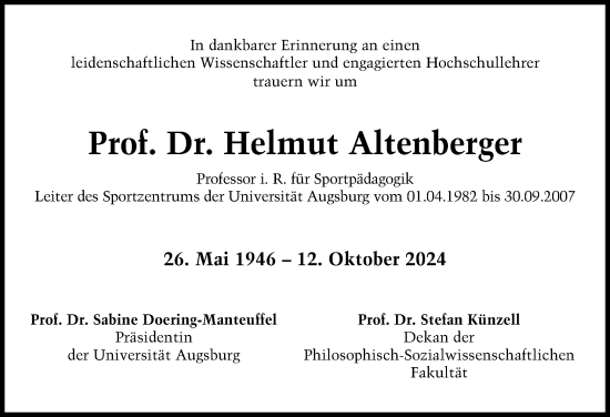 Traueranzeige von Helmut Altenberger von Augsburger Allgemeine