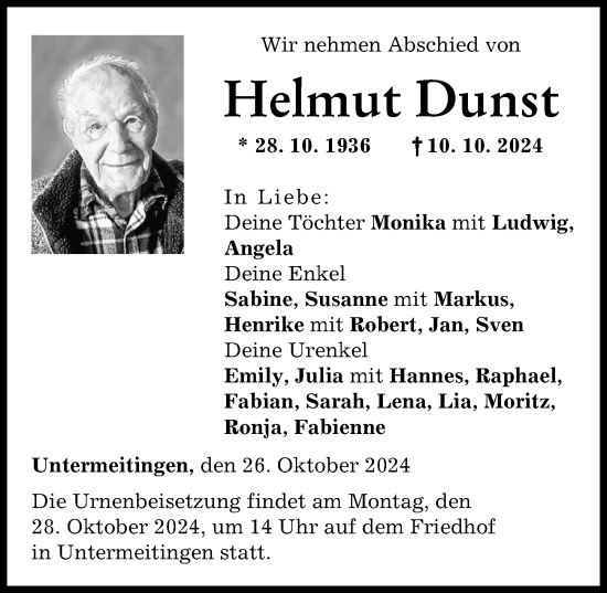 Traueranzeige von Helmut Dunst von Schwabmünchner Allgemeine