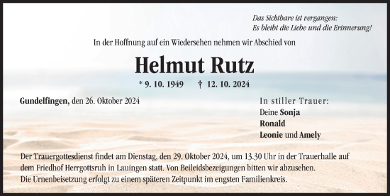 Traueranzeige von Helmut Rutz von Donau Zeitung