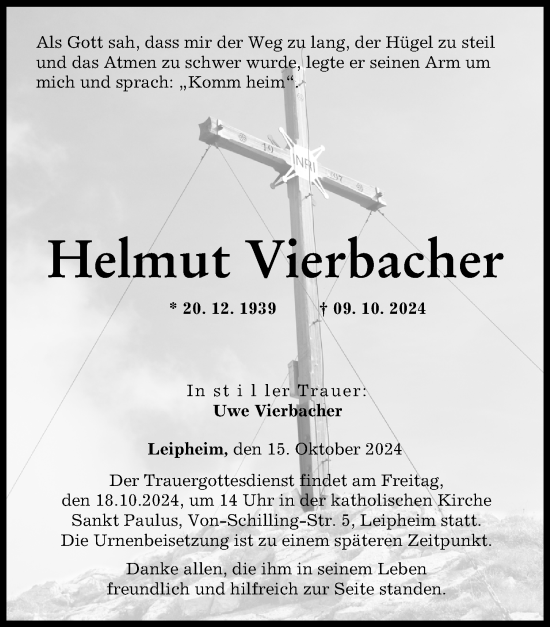 Traueranzeige von Helmut Vierbacher von Günzburger Zeitung