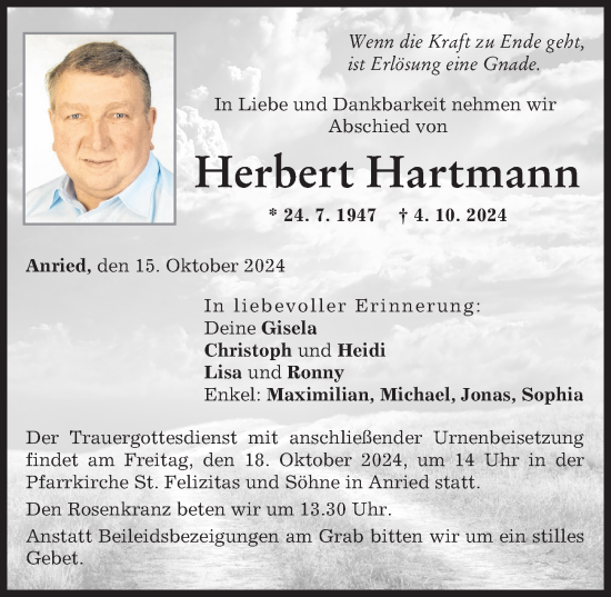Traueranzeige von Herbert Hartmann von Augsburg-Land