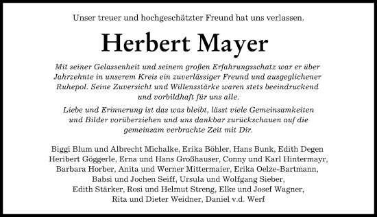 Traueranzeige von Herbert Mayer von Augsburger Allgemeine