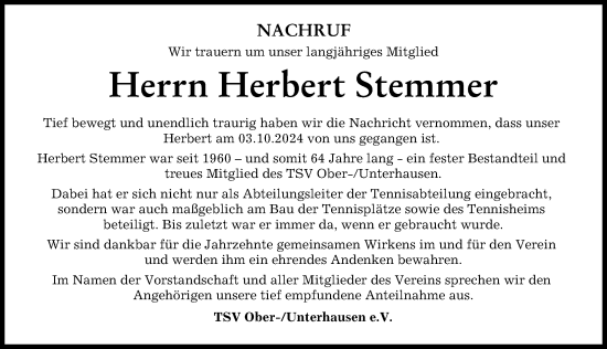 Traueranzeige von Herbert Stemmer von Neuburger Rundschau