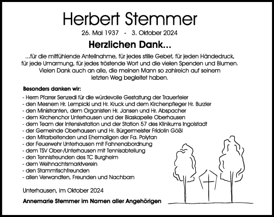 Traueranzeige von Herbert Stemmer von Donauwörther Zeitung, Neuburger Rundschau