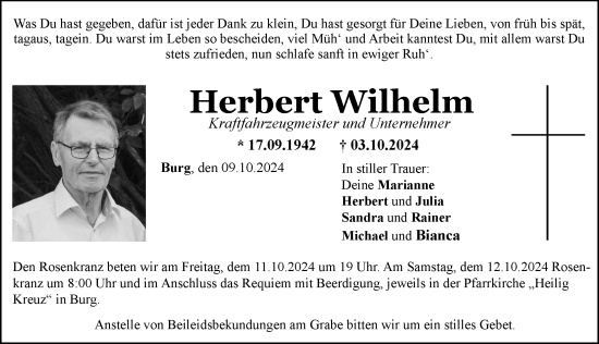 Traueranzeige von Herbert Wilhelm von Mittelschwäbische Nachrichten