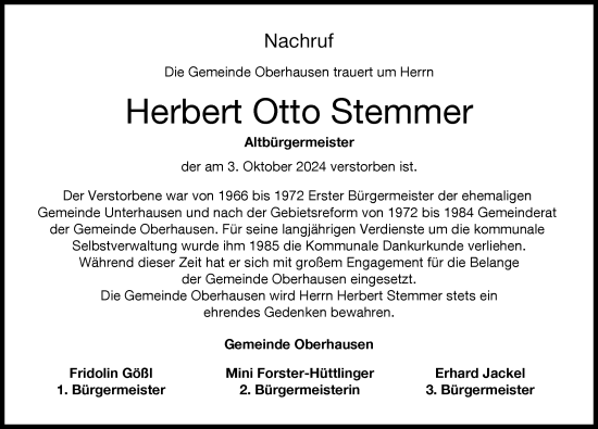 Traueranzeige von Herbert Otto Stemmer von Neuburger Rundschau