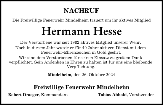 Traueranzeige von Hermann Hesse von Mindelheimer Zeitung