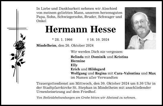 Traueranzeige von Hermann Hesse von Mindelheimer Zeitung