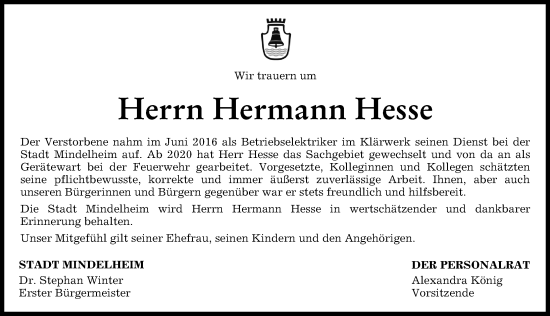 Traueranzeige von Hermann Hesse von Mindelheimer Zeitung