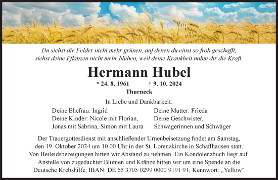 Traueranzeige von Hermann Hubel von Rieser Nachrichten