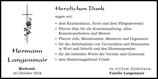 Traueranzeige von Hermann Langenmair von Donau Zeitung, Wertinger Zeitung