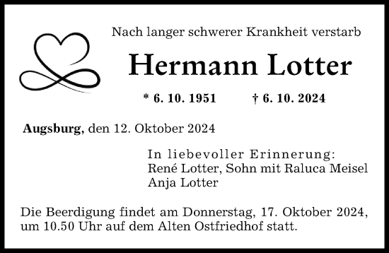 Traueranzeige von Hermann Lotter von Augsburger Allgemeine