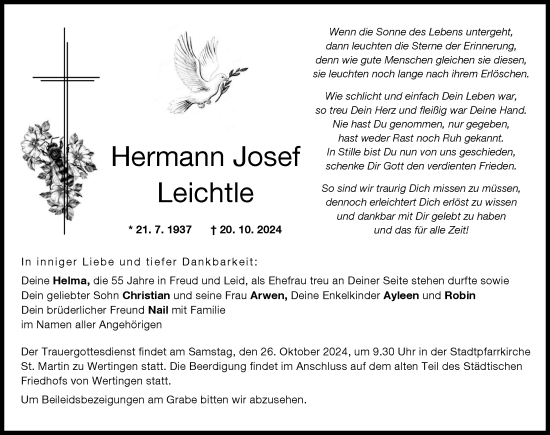 Traueranzeige von Hermann Josef Leichtle von Wertinger Zeitung