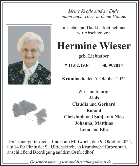Traueranzeige von Hermine Wieser von Mittelschwäbische Nachrichten