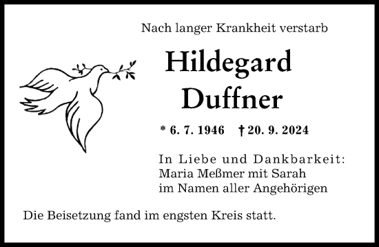 Traueranzeige von Hildegard Duffner von Augsburger Allgemeine