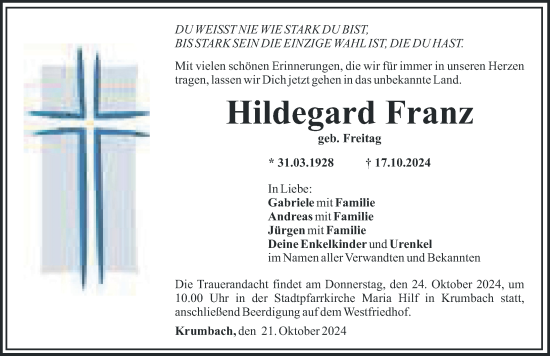 Traueranzeige von Hildegard Franz von Mittelschwäbische Nachrichten