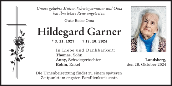 Traueranzeige von Hildegard Garner von Landsberger Tagblatt