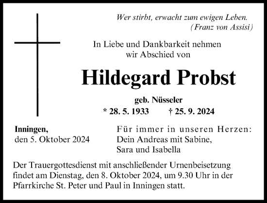Traueranzeige von Hildegard Probst von Augsburger Allgemeine