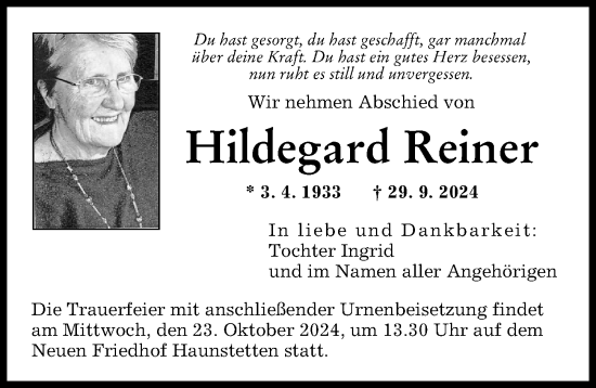 Traueranzeige von Hildegard Reiner von Augsburger Allgemeine