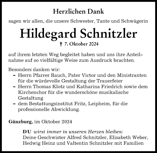 Traueranzeige von Hildegard Schnitzler von Günzburger Zeitung