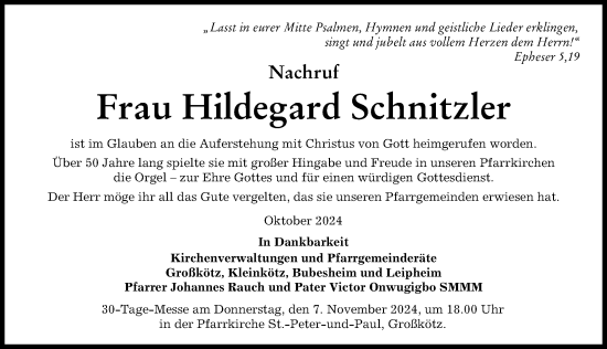 Traueranzeige von Hildegard Schnitzler von Günzburger Zeitung