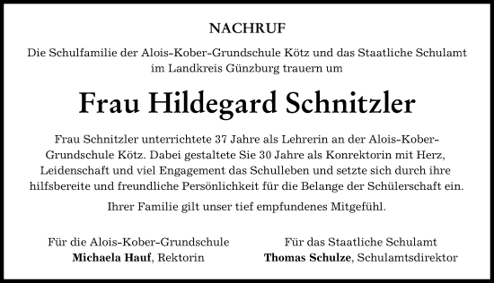 Traueranzeige von Hildegard Schnitzler von Günzburger Zeitung