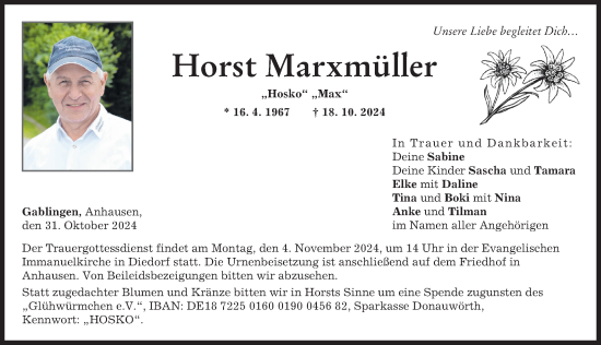 Traueranzeige von Horst Marxmüller von Augsburg-Land