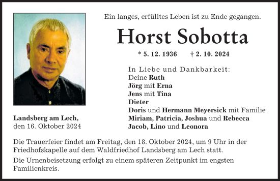 Traueranzeige von Horst Sobotta von Landsberger Tagblatt