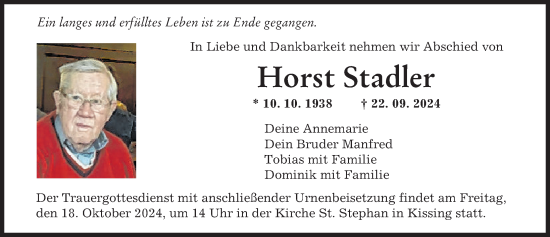Traueranzeige von Horst Stadler von Augsburger Allgemeine